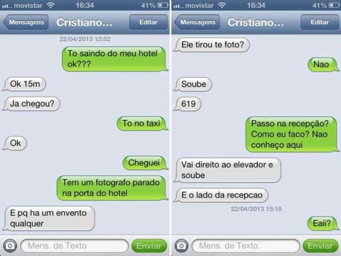 Pela conversa, é possível ver os 2 a marcarem um encontro num hotel. Ronaldo nunca negou a veracidade das mensagens